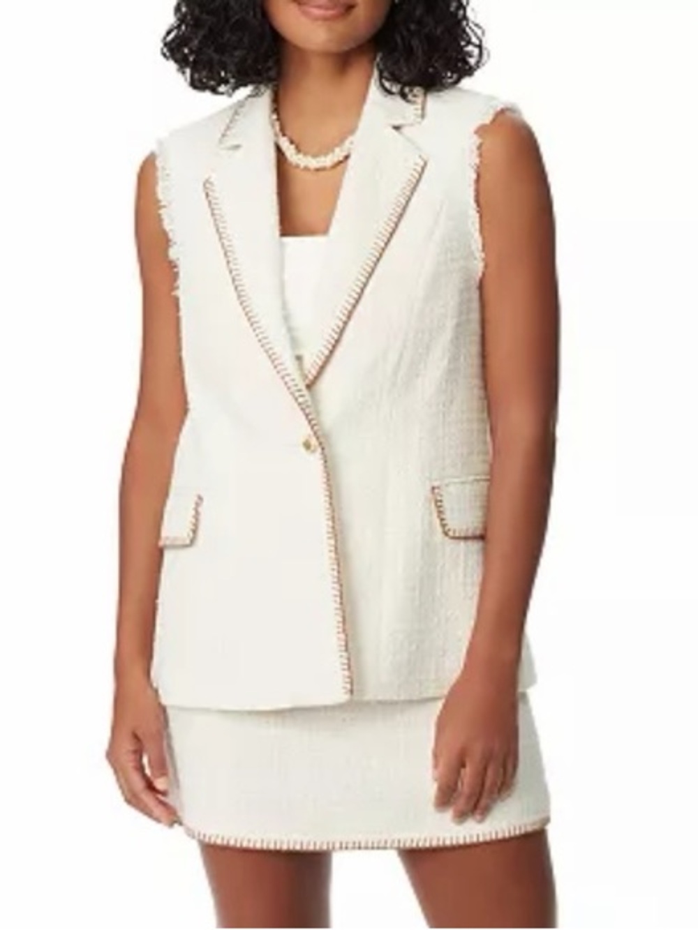Sam Edelman Ivory Tweed Sleeveless Blazer Vest with Contrast Trim
